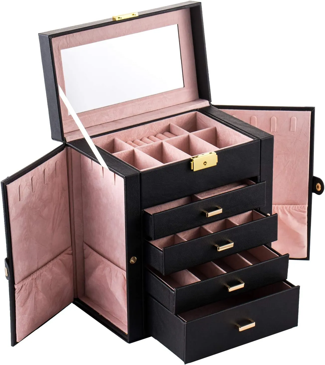 Large Jewelry Box,Synthetic Leather Jewelry Organizer,Multi-functional Storage Case with Mirror,Accessories Holder with Drawers for Earrings Necklace Bracelets Watches and Sunglasses for Women Girls (5-Tier, Black)