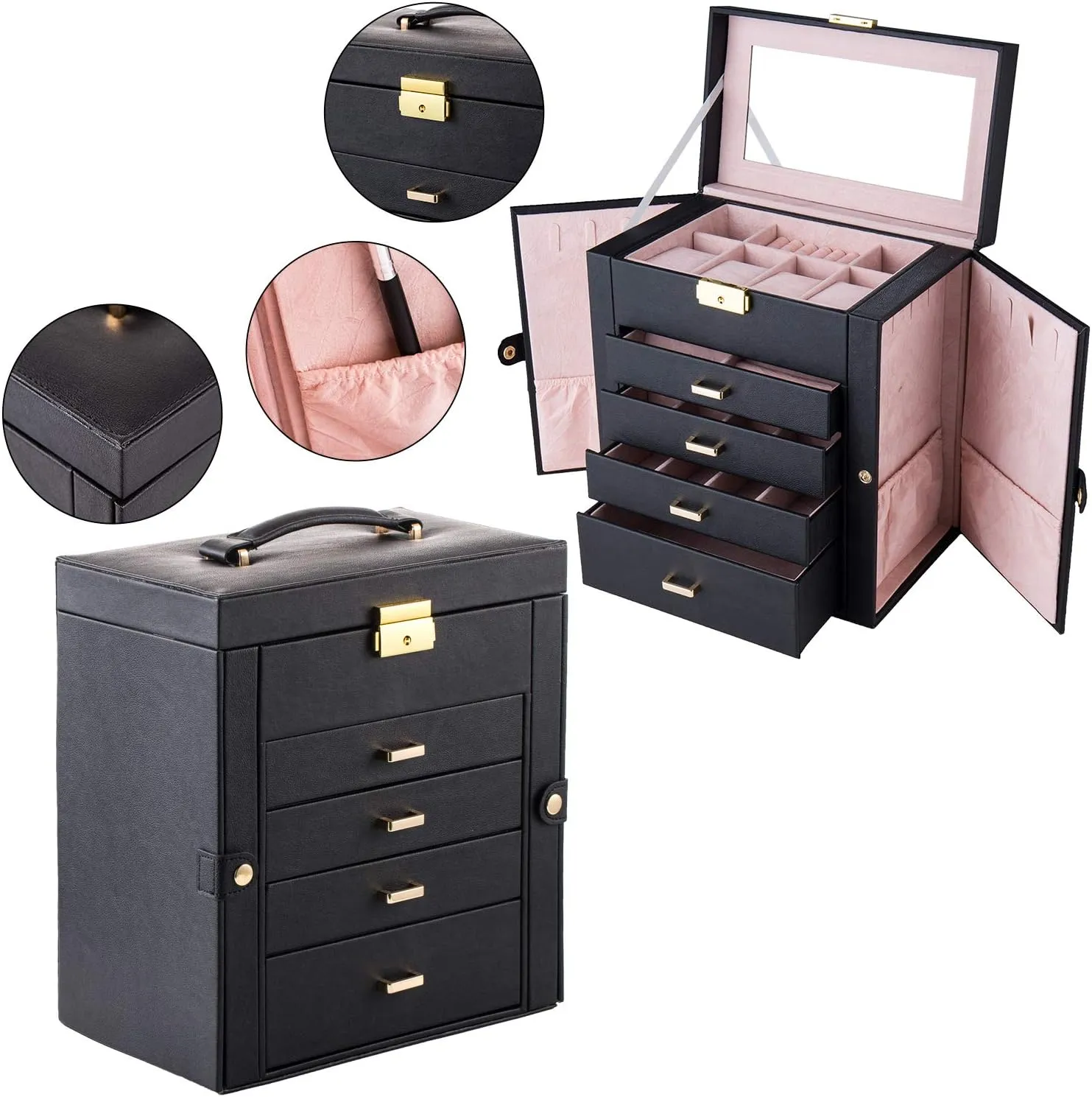 Large Jewelry Box,Synthetic Leather Jewelry Organizer,Multi-functional Storage Case with Mirror,Accessories Holder with Drawers for Earrings Necklace Bracelets Watches and Sunglasses for Women Girls (5-Tier, Black)