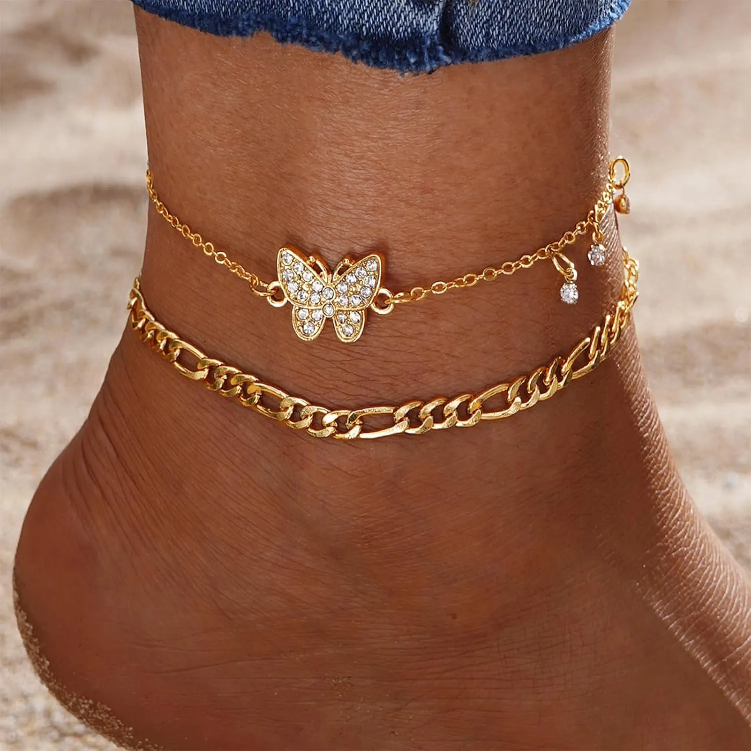 Layered Butterfly Anklet for Women 14k Gold Plated Waterproof Cuban Link Chain Anklets Set,Adjustable Beach Anklets Jewelry for Women