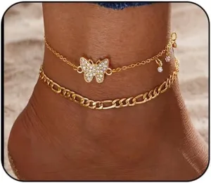 Layered Butterfly Anklet for Women 14k Gold Plated Waterproof Cuban Link Chain Anklets Set,Adjustable Beach Anklets Jewelry for Women