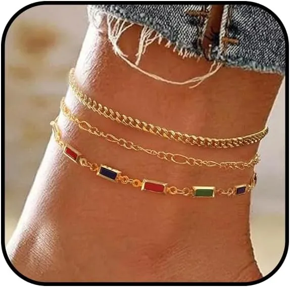 Layered Gemstone Anklet for Women Stackable Link Anklets Colorful Geometric Crystal Anklets Waterproof Cuba Chain Anklets Adjustable Anklets Set Summer Beach Jewelry Accessories