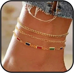 Layered Gemstone Anklet for Women Stackable Link Anklets Colorful Geometric Crystal Anklets Waterproof Cuba Chain Anklets Adjustable Anklets Set Summer Beach Jewelry Accessories