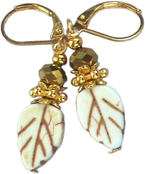 Leaf Shape Howlite Drops Hand And Metal White Gold Plated Artisan Earrings Jewelry Handmade Dangle Leverback Vintage Crafted For Women