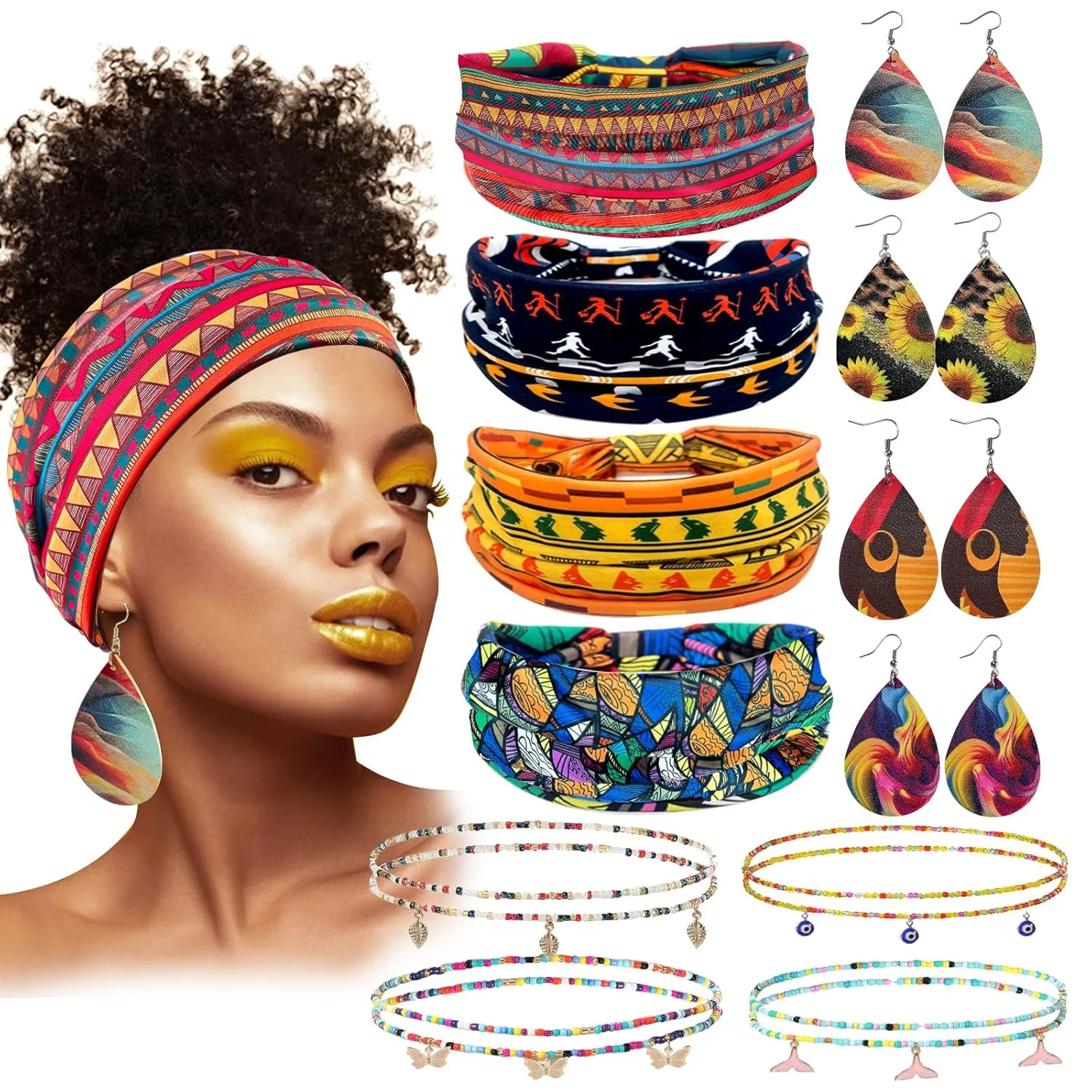 Leather Earrings and Body Chain with Boho Headband Head Wrap Jewelry Set for Women