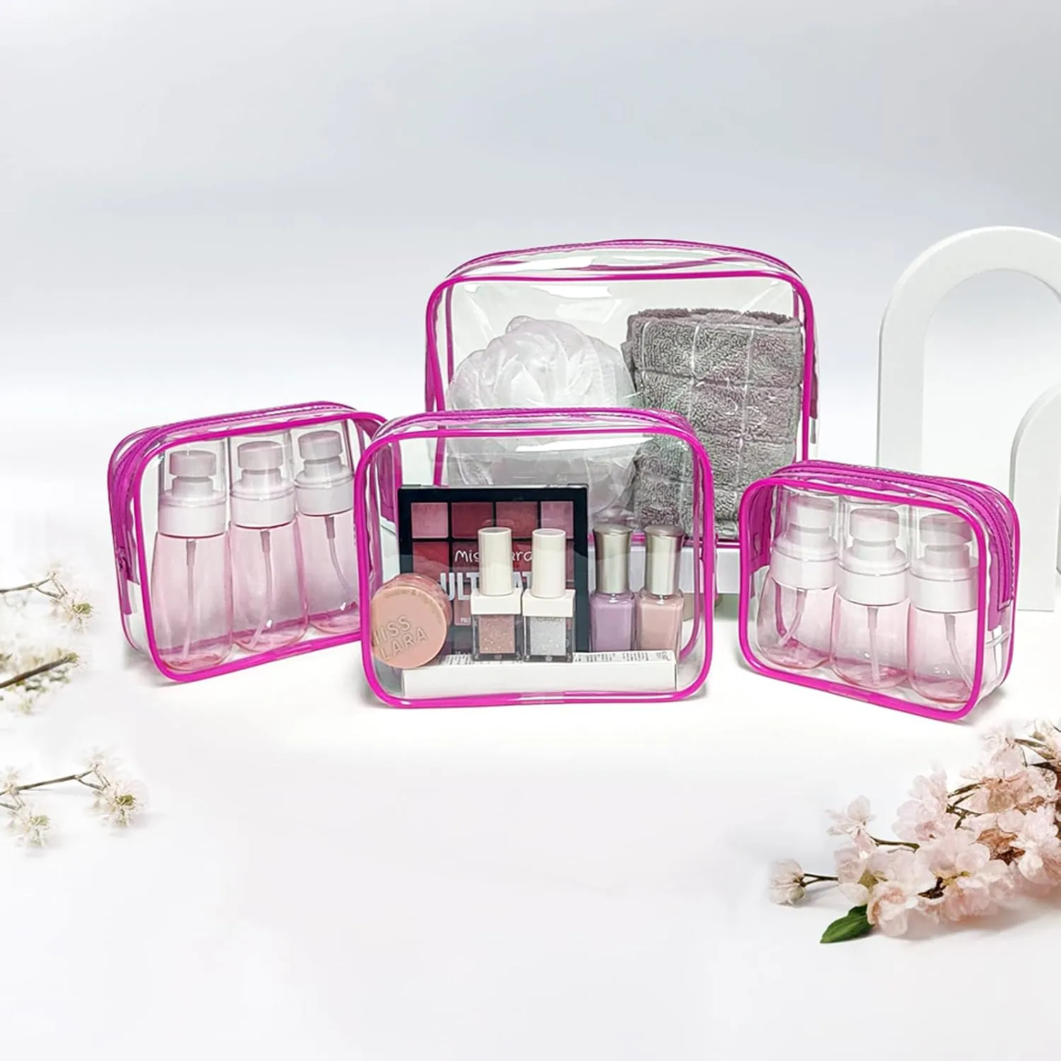 LETGO TSA Approved Toiletry Bag, 4 Pcs Clear Toiletries Bags Quart Size Travel Makeup Cosmetic Bag for Women Men, Carry on Airport Airline Compliant Bag (Rose Pink, Pack of 4)