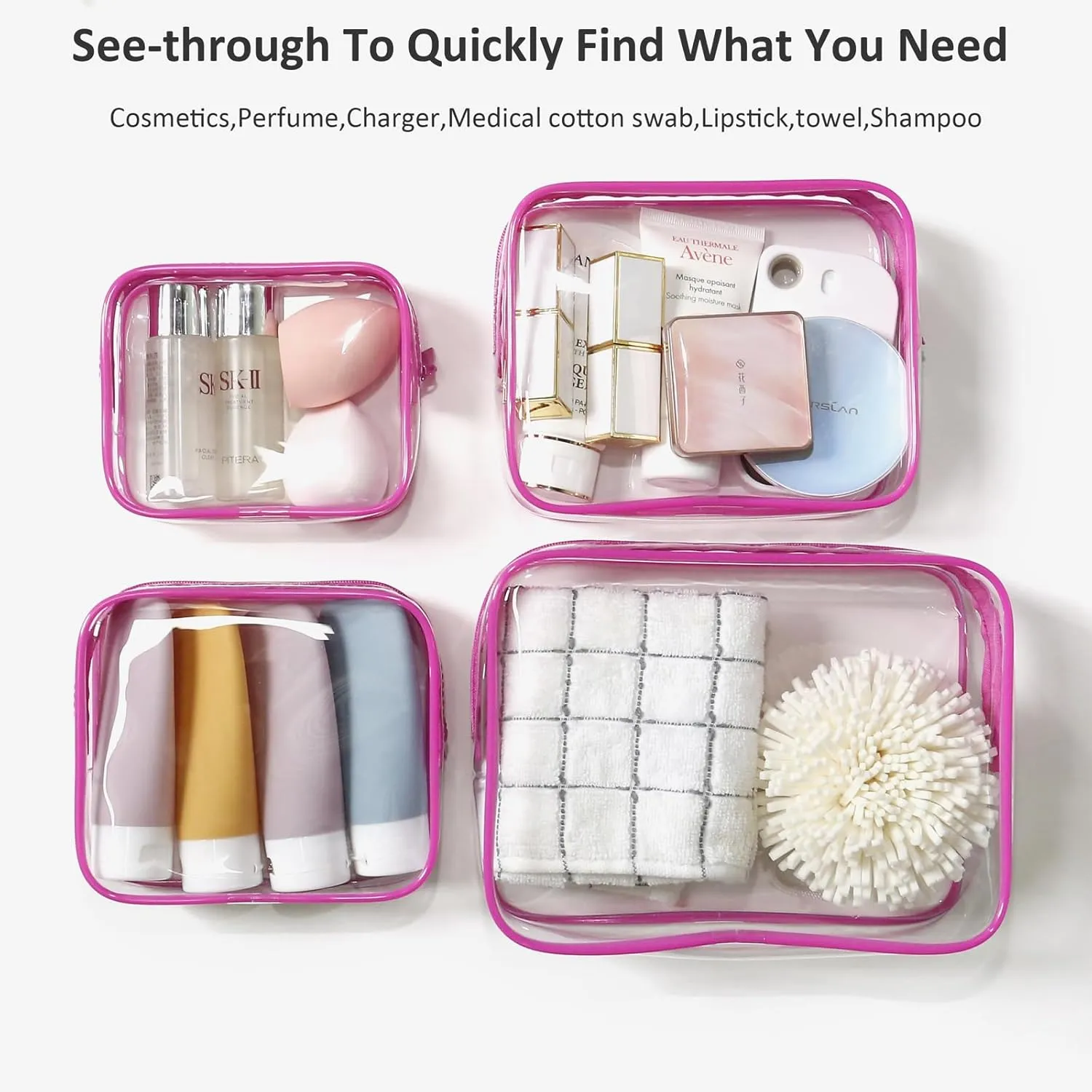 LETGO TSA Approved Toiletry Bag, 4 Pcs Clear Toiletries Bags Quart Size Travel Makeup Cosmetic Bag for Women Men, Carry on Airport Airline Compliant Bag (Rose Pink, Pack of 4)