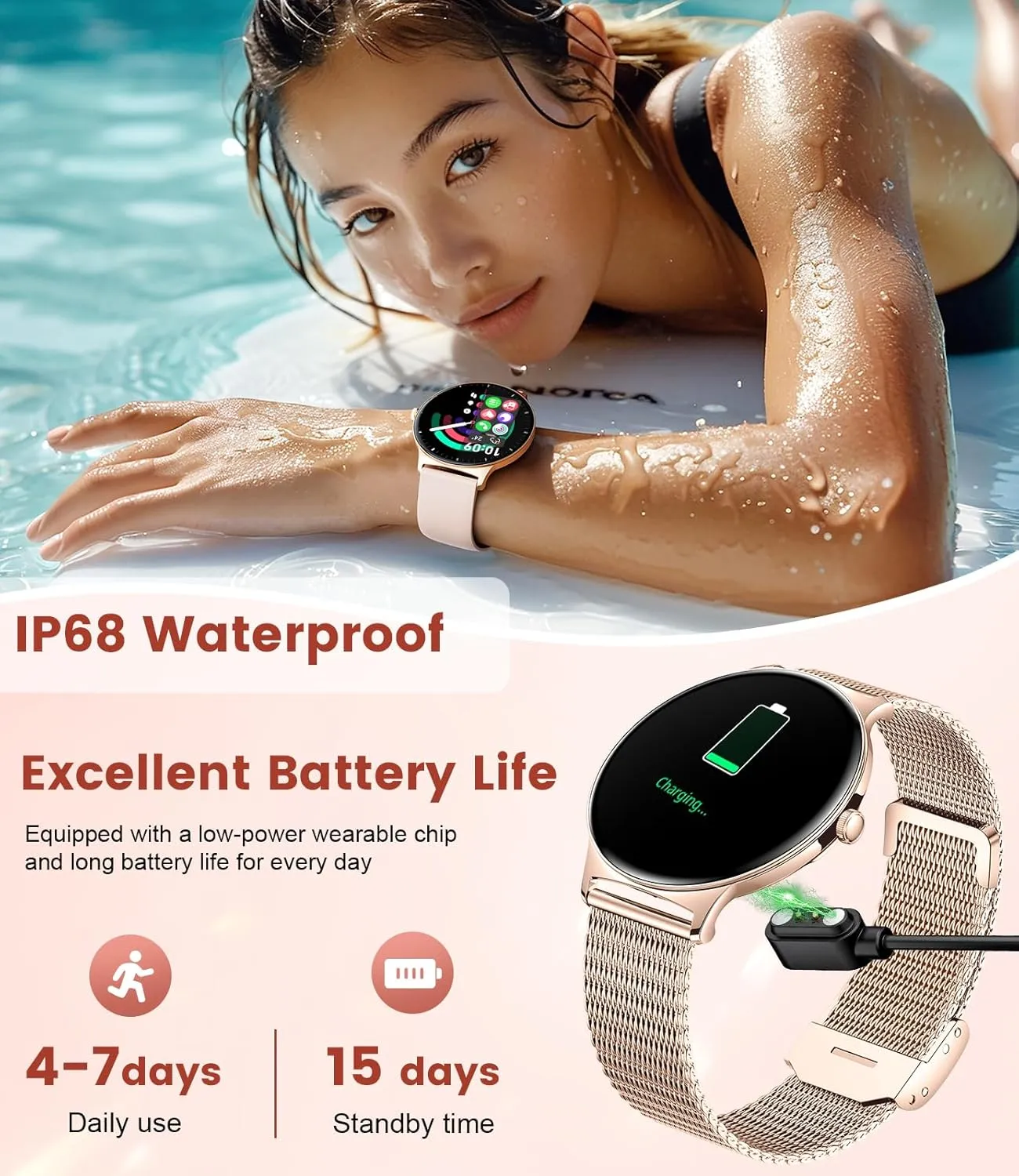 LIGE Smart Watch for Women(Dial/Answer Calls), 1.43" AMOLED HD Display, 100  Sports Modes Fitness Tracker Watch, 5ATM Waterproof/IP68/Sleep Smartwatch Womens, iOS Android Smart Watches for Women