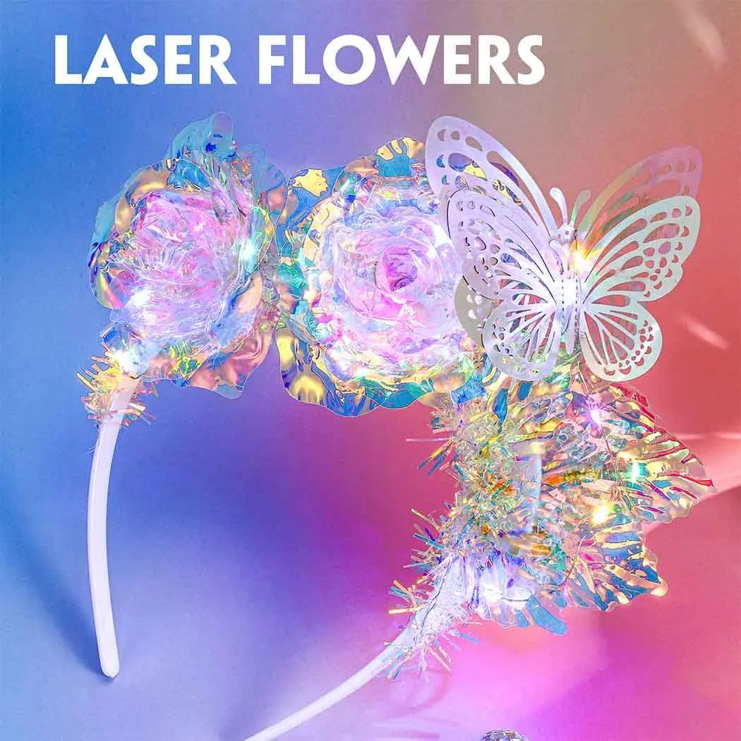 Light Up Laser Flower Headbands LED Butterfly Hair Bands Glitter Rave Costume Hair Accessories for Women
