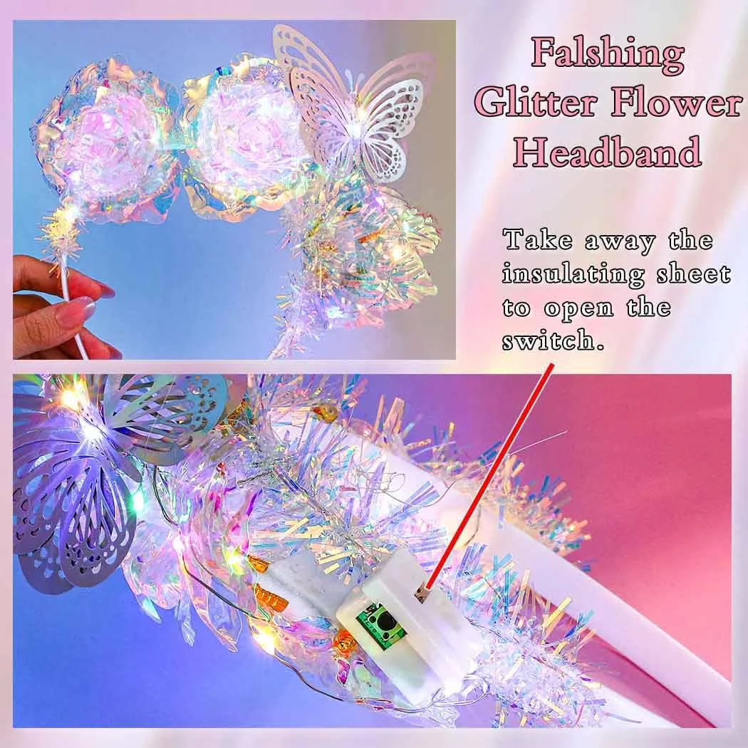 Light Up Laser Flower Headbands LED Butterfly Hair Bands Glitter Rave Costume Hair Accessories for Women