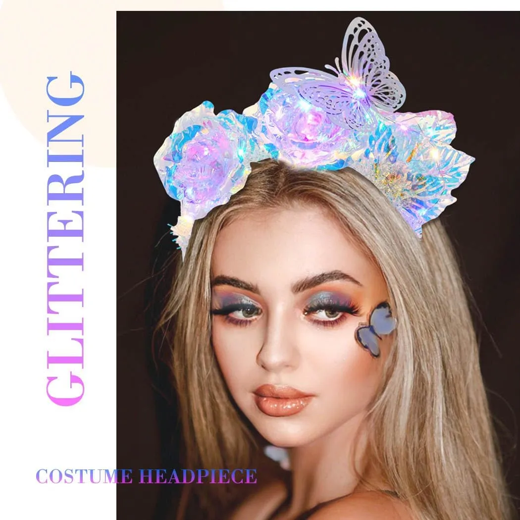 Light Up Laser Flower Headbands LED Butterfly Hair Bands Glitter Rave Costume Hair Accessories for Women