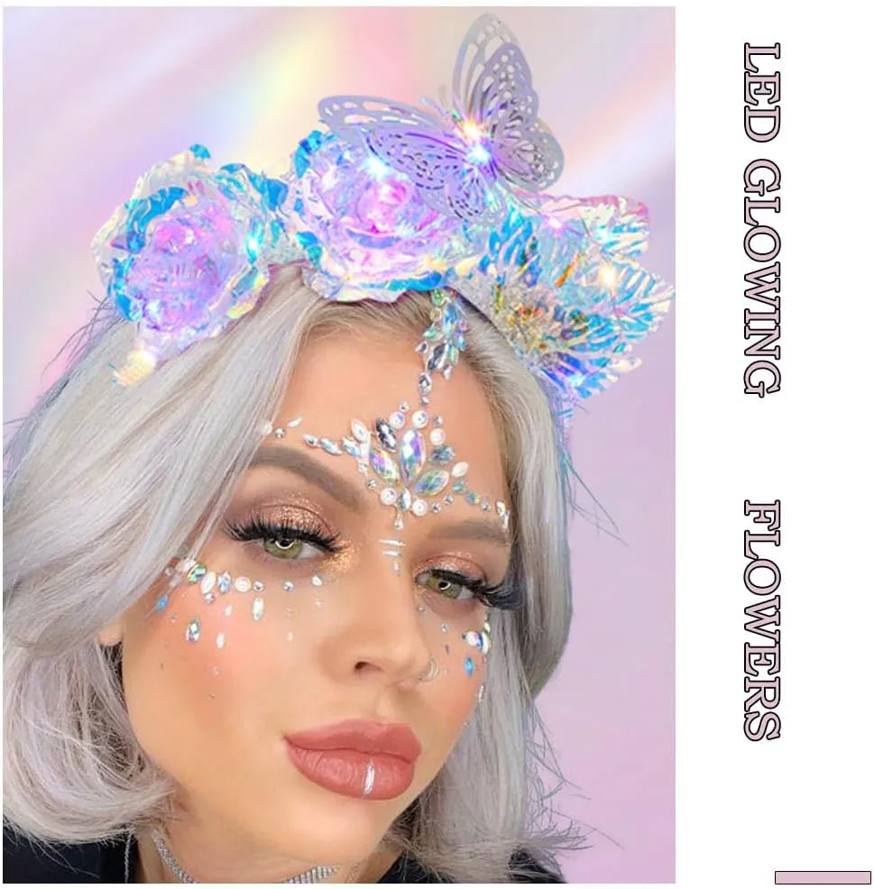 Light Up Laser Flower Headbands LED Butterfly Hair Bands Glitter Rave Costume Hair Accessories for Women