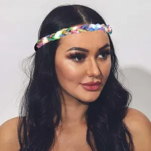 Light Up Rhinestone Headbands Led Glowing Hair Band Crystal Forehead Head Chain Sparkly Rave Party Costume Hair Accessories for Women(Multicolor)