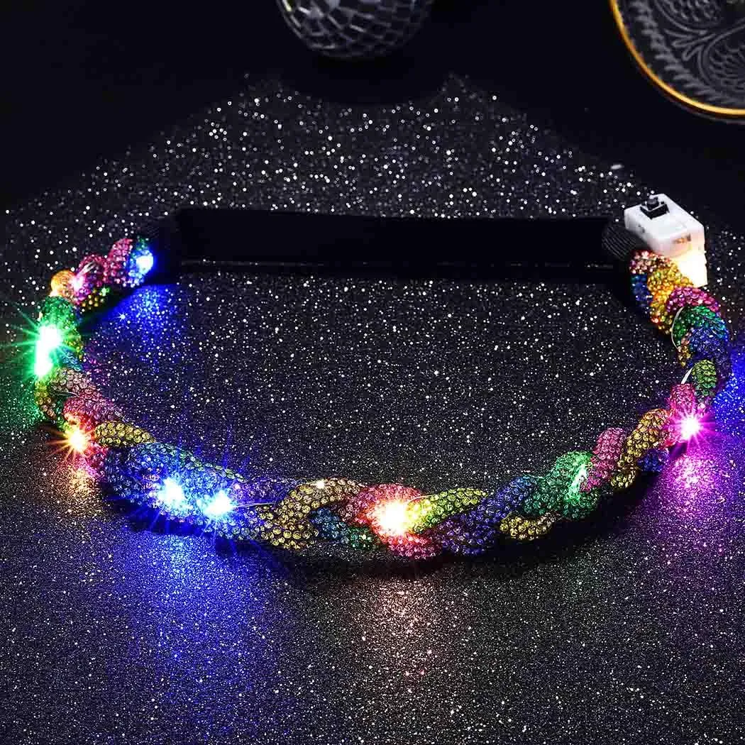 Light Up Rhinestone Headbands Led Glowing Hair Band Crystal Forehead Head Chain Sparkly Rave Party Costume Hair Accessories for Women(Multicolor)