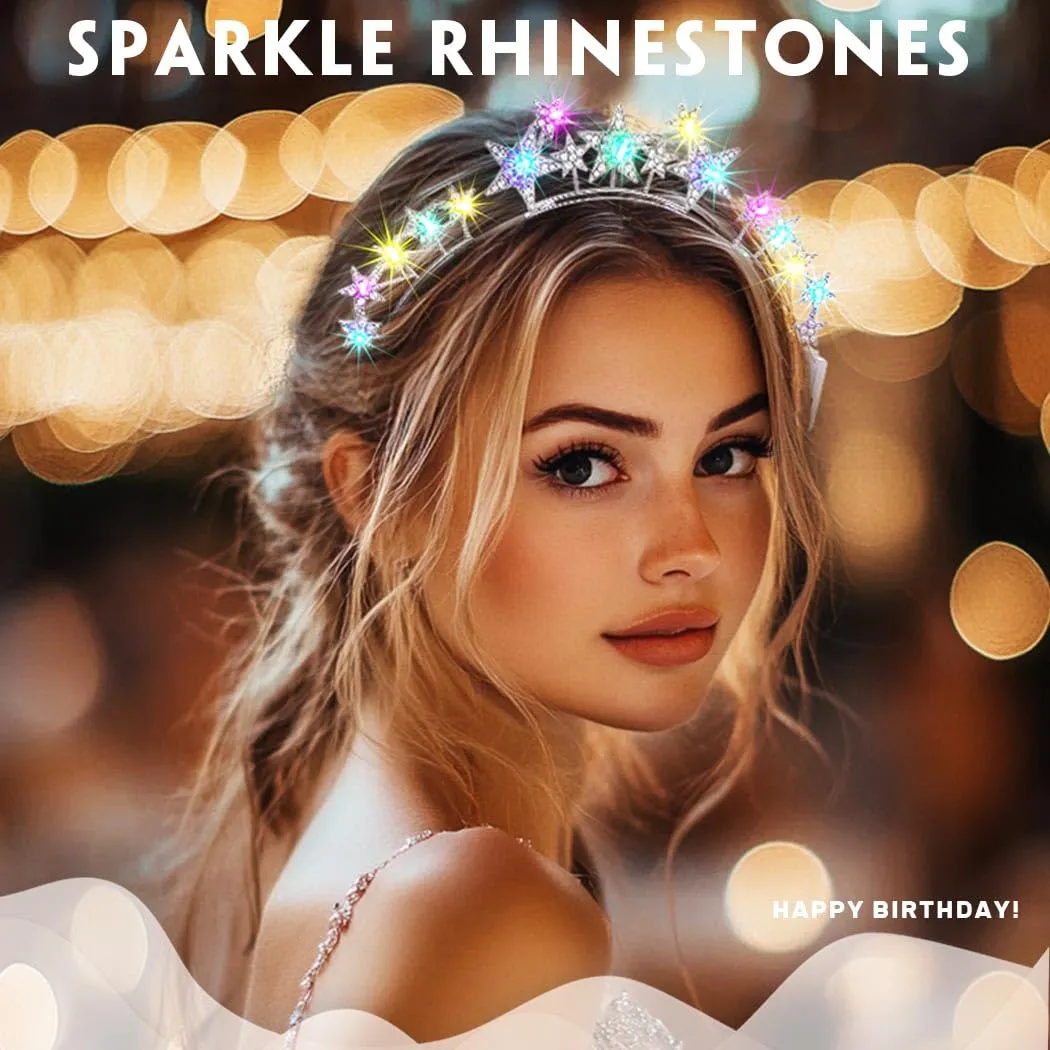 Light Up Stars Halo Crowns LED Rhinestones Halo Headbands Glowing Pearl Star Hairbands Glitter Rave Hair Accessories for Women (Silver 2, One Size)