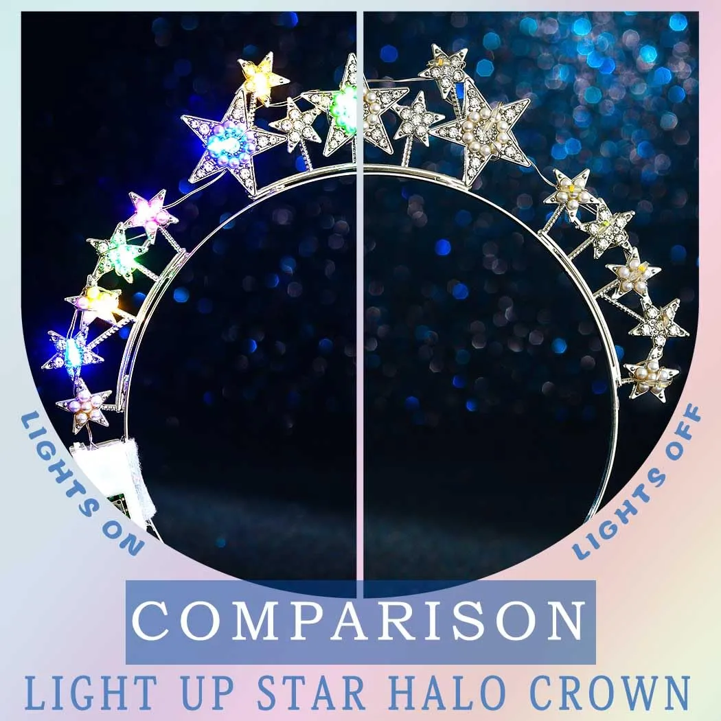 Light Up Stars Halo Crowns LED Rhinestones Halo Headbands Glowing Pearl Star Hairbands Glitter Rave Hair Accessories for Women (Silver 2, One Size)