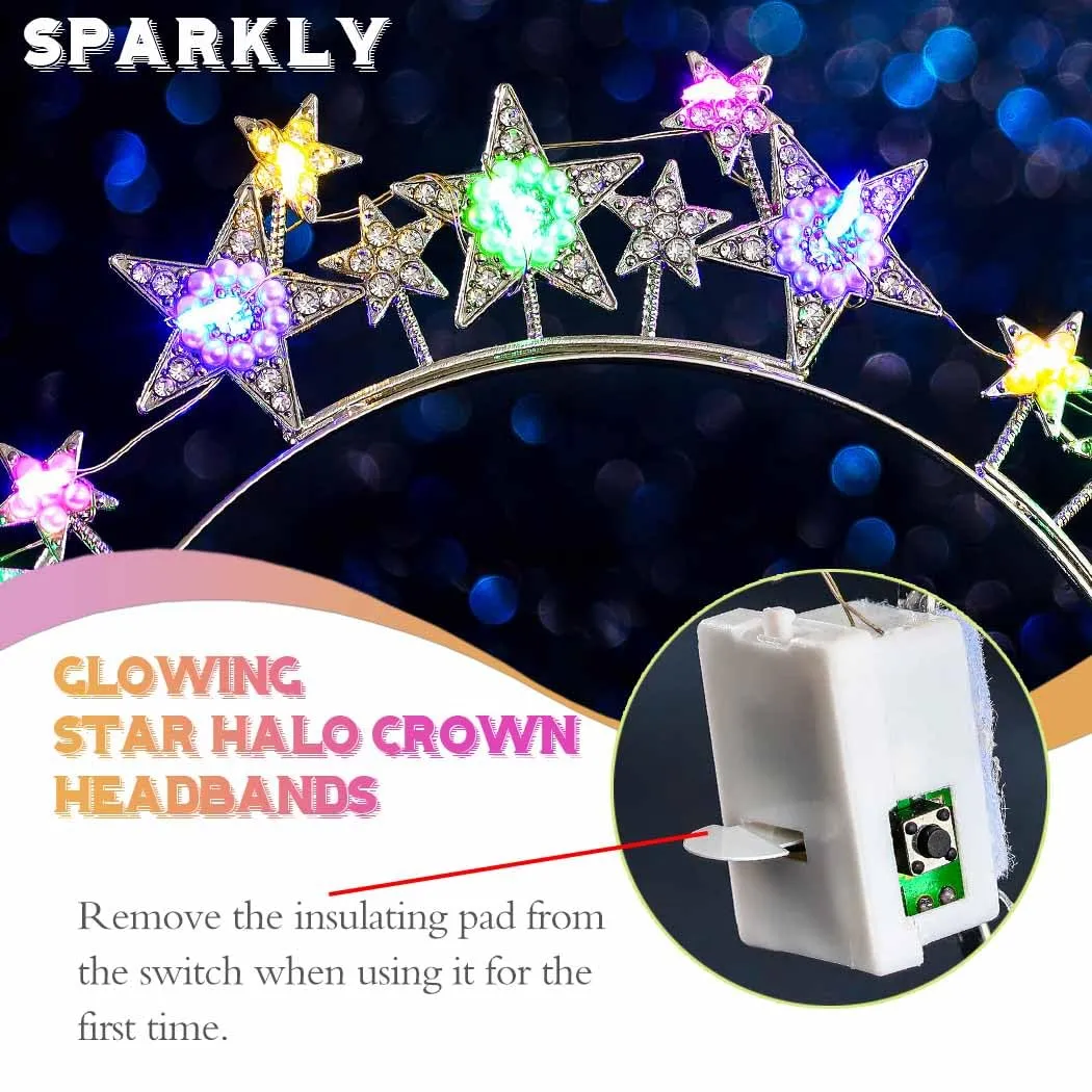 Light Up Stars Halo Crowns LED Rhinestones Halo Headbands Glowing Pearl Star Hairbands Glitter Rave Hair Accessories for Women (Silver 2, One Size)