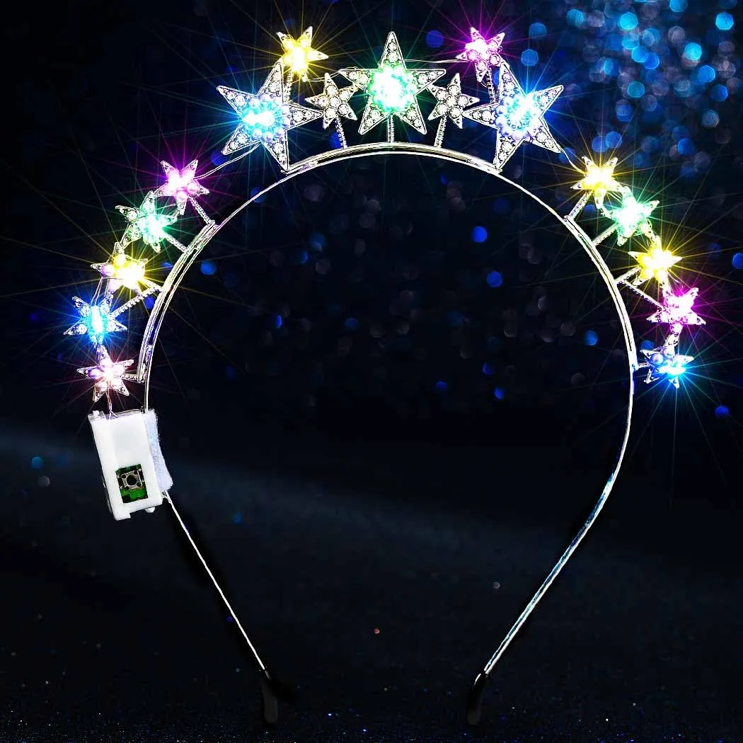 Light Up Stars Halo Crowns LED Rhinestones Halo Headbands Glowing Pearl Star Hairbands Glitter Rave Hair Accessories for Women (Silver 2, One Size)
