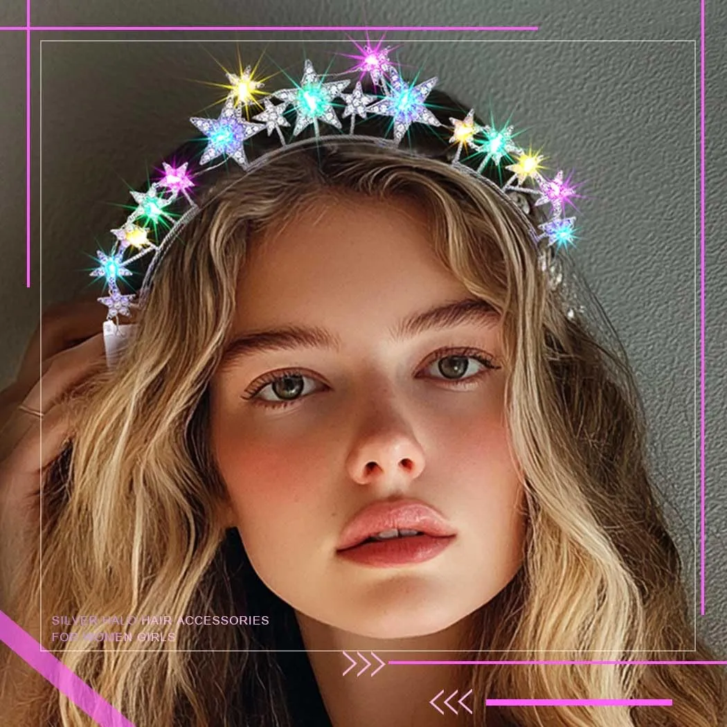 Light Up Stars Halo Crowns LED Rhinestones Halo Headbands Glowing Pearl Star Hairbands Glitter Rave Hair Accessories for Women (Silver 2, One Size)