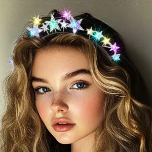 Light Up Stars Halo Crowns LED Rhinestones Halo Headbands Glowing Pearl Star Hairbands Glitter Rave Hair Accessories for Women (Silver 2, One Size)