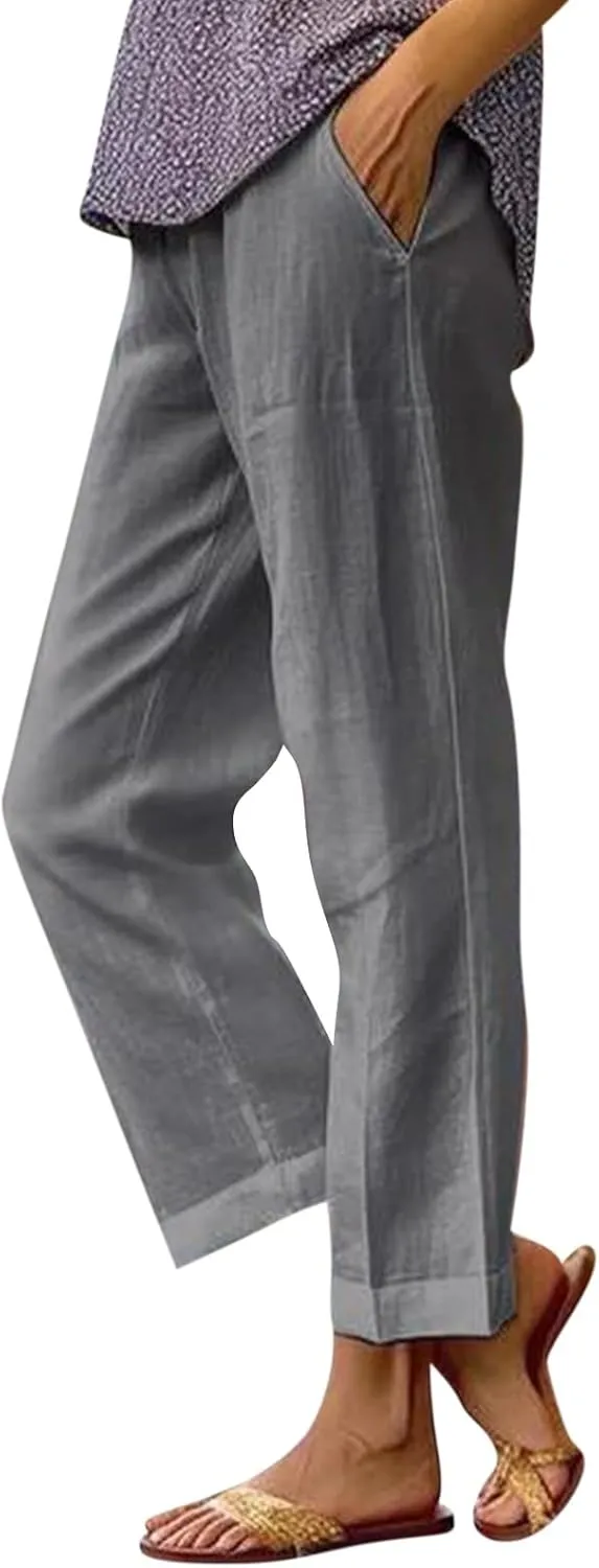 Lightweight Summer Pants Women Elastic Waist Linen Wide Leg Crop Pants Straight Leg Plus Size Capri Pants with Pocket