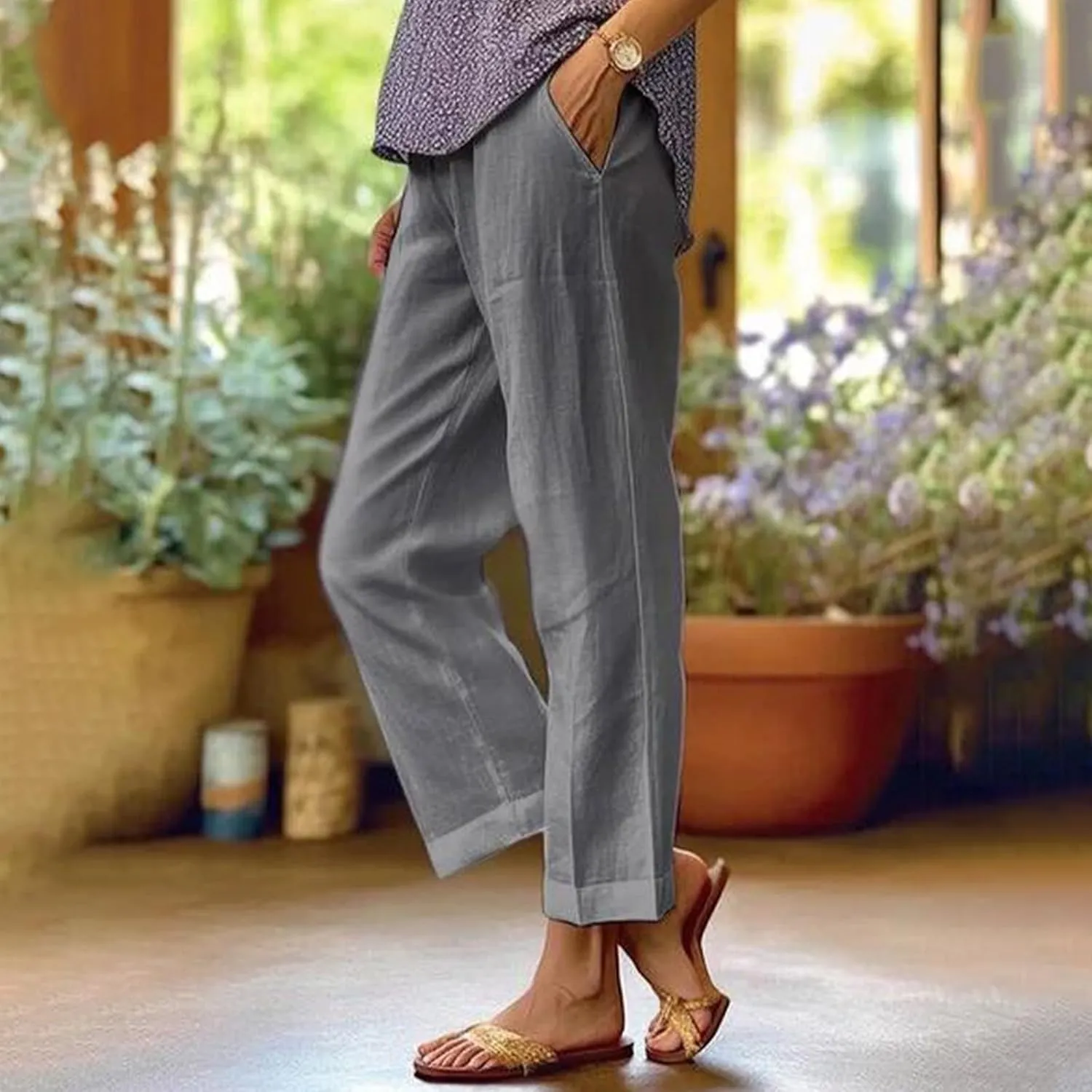 Lightweight Summer Pants Women Elastic Waist Linen Wide Leg Crop Pants Straight Leg Plus Size Capri Pants with Pocket