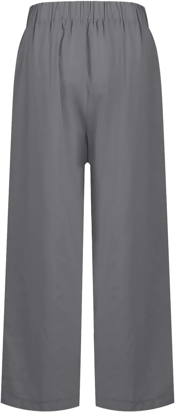 Lightweight Summer Pants Women Elastic Waist Linen Wide Leg Crop Pants Straight Leg Plus Size Capri Pants with Pocket