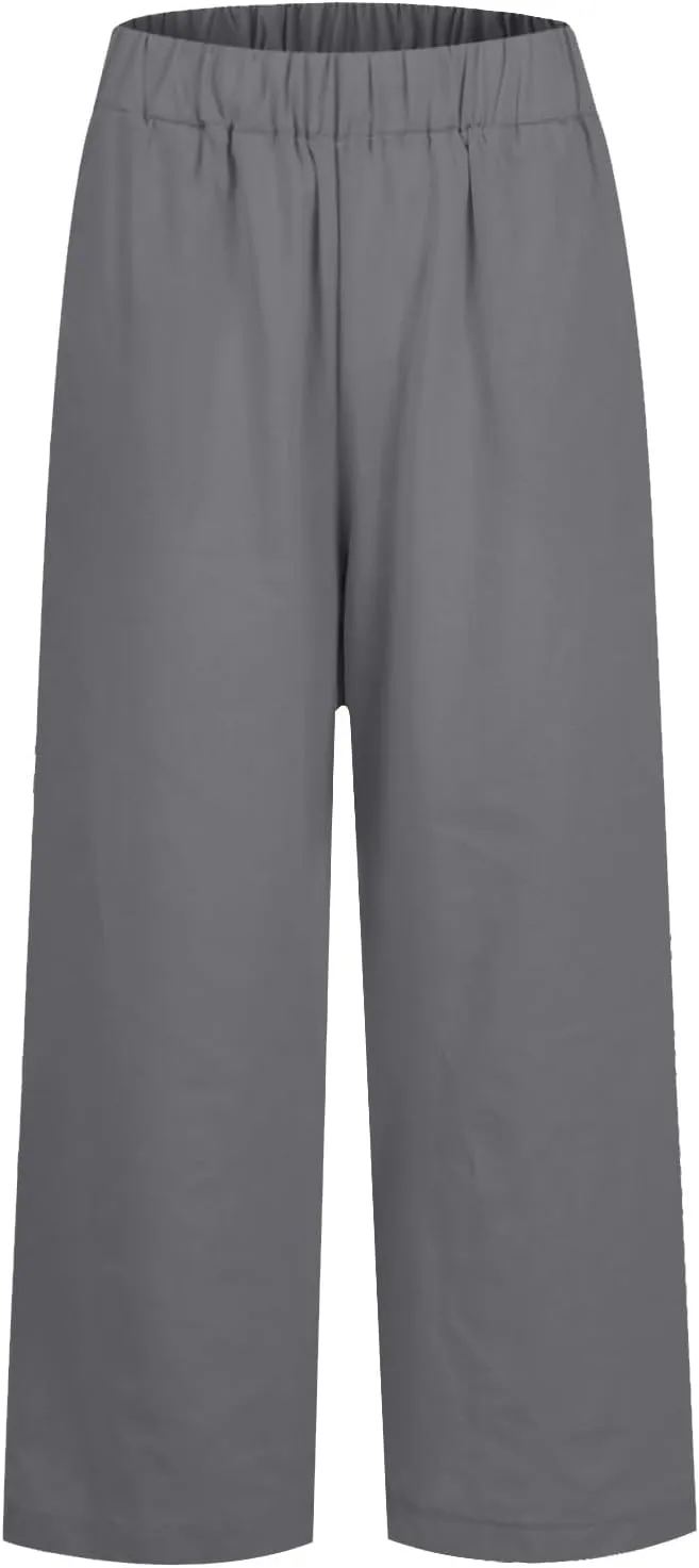 Lightweight Summer Pants Women Elastic Waist Linen Wide Leg Crop Pants Straight Leg Plus Size Capri Pants with Pocket