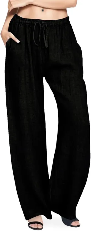 Linen Palazzo Pants for Women Summer Beach Wide Leg Casual Flowy Pants High Waist Drawstring Lounge Trousers with Pockets