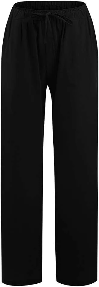 Linen Palazzo Pants for Women Summer Beach Wide Leg Casual Flowy Pants High Waist Drawstring Lounge Trousers with Pockets