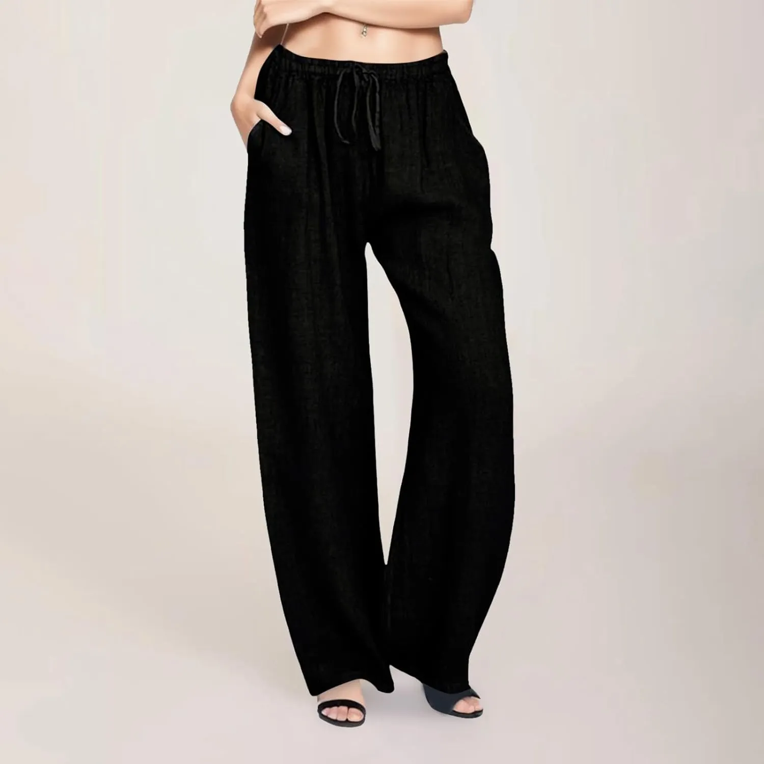 Linen Palazzo Pants for Women Summer Beach Wide Leg Casual Flowy Pants High Waist Drawstring Lounge Trousers with Pockets