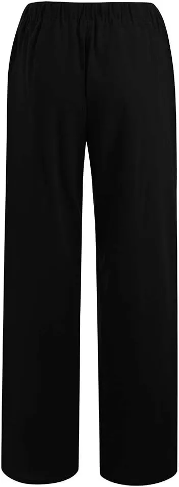 Linen Palazzo Pants for Women Summer Beach Wide Leg Casual Flowy Pants High Waist Drawstring Lounge Trousers with Pockets