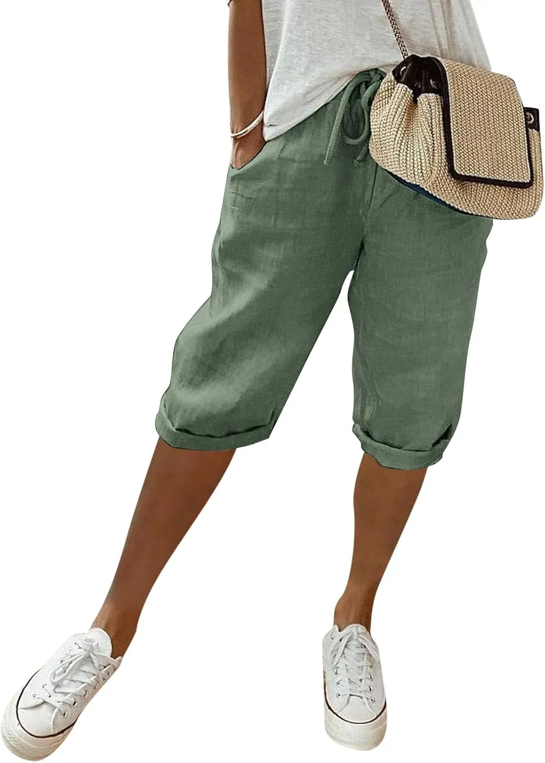 Linen Pants for Women Casual Drawstring Elastic Waist Cropped Pants Lounge Beach Lightweight Capri Pant with Pockets