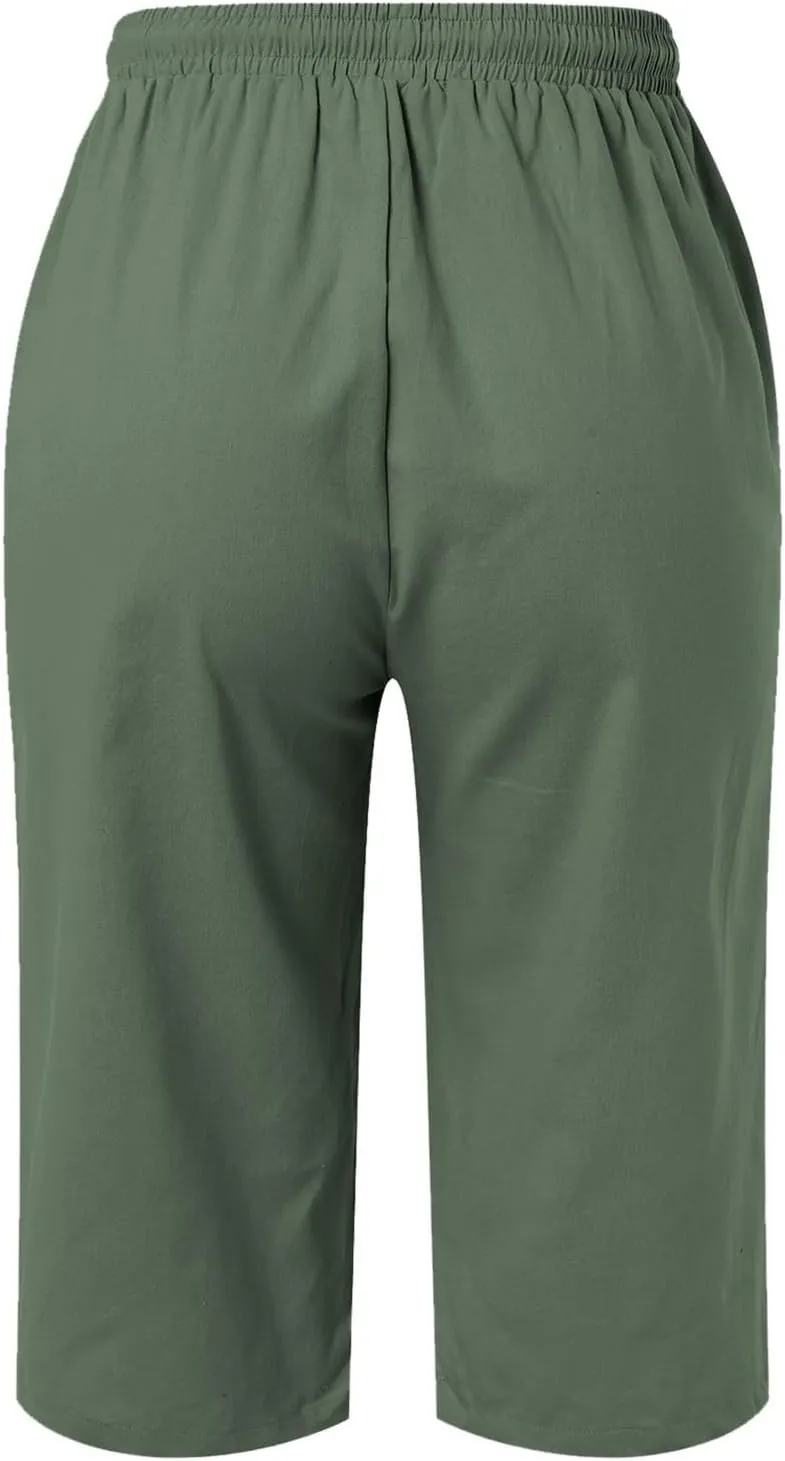 Linen Pants for Women Casual Drawstring Elastic Waist Cropped Pants Lounge Beach Lightweight Capri Pant with Pockets