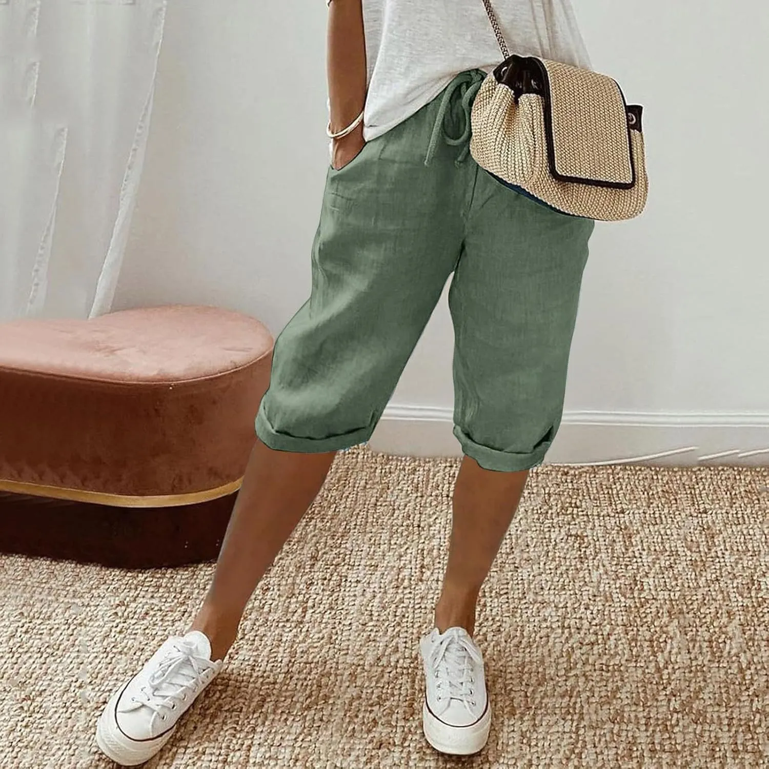 Linen Pants for Women Casual Drawstring Elastic Waist Cropped Pants Lounge Beach Lightweight Capri Pant with Pockets