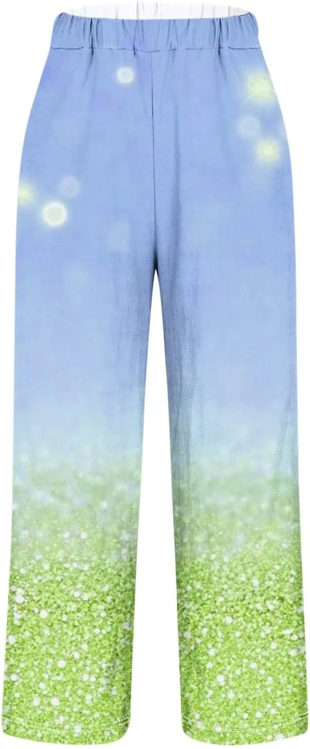 Linen Pants for Women High Waisted Wide Leg Trousers Trendy Gradient Color Printed Elastic Waist Summer Gauze Pants