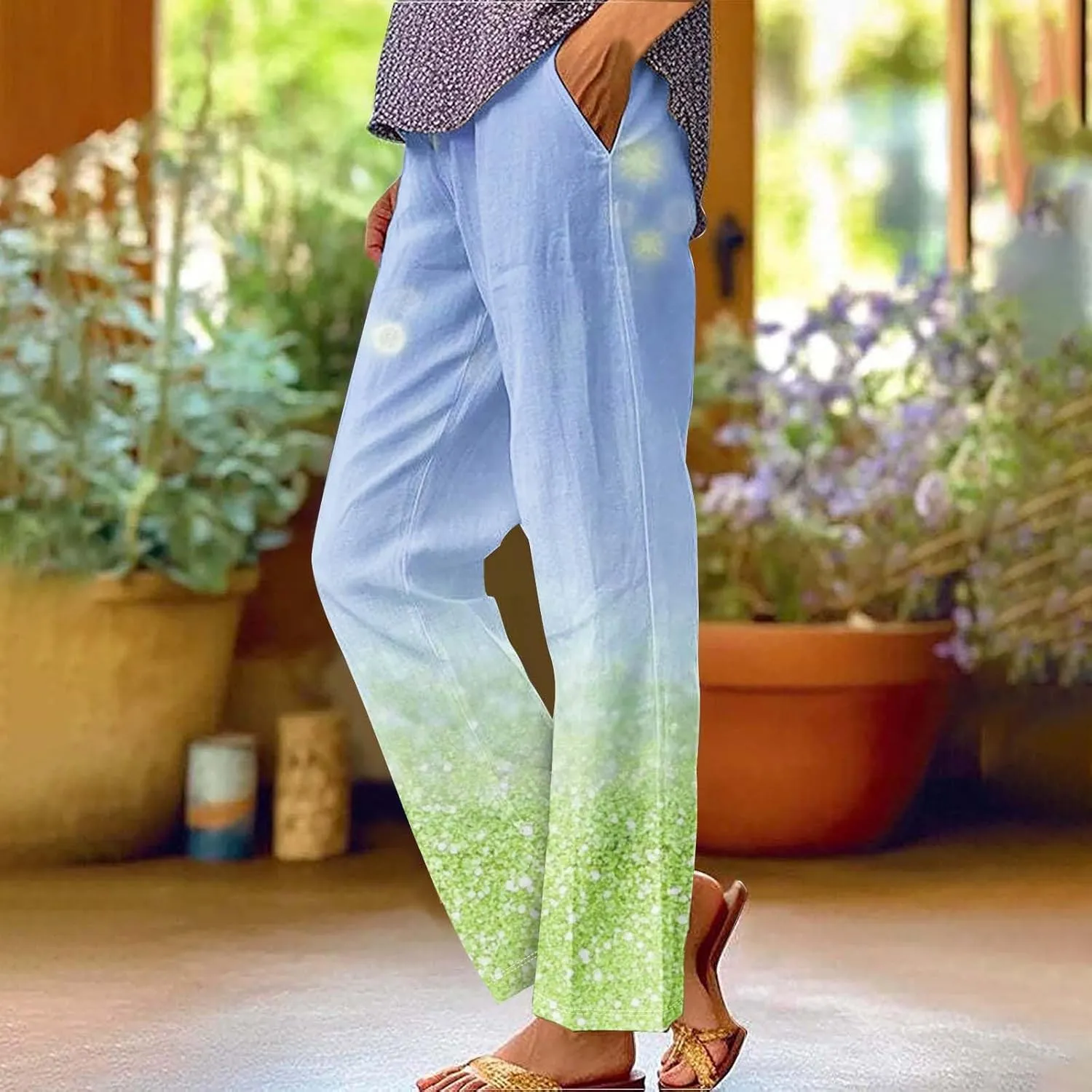 Linen Pants for Women High Waisted Wide Leg Trousers Trendy Gradient Color Printed Elastic Waist Summer Gauze Pants