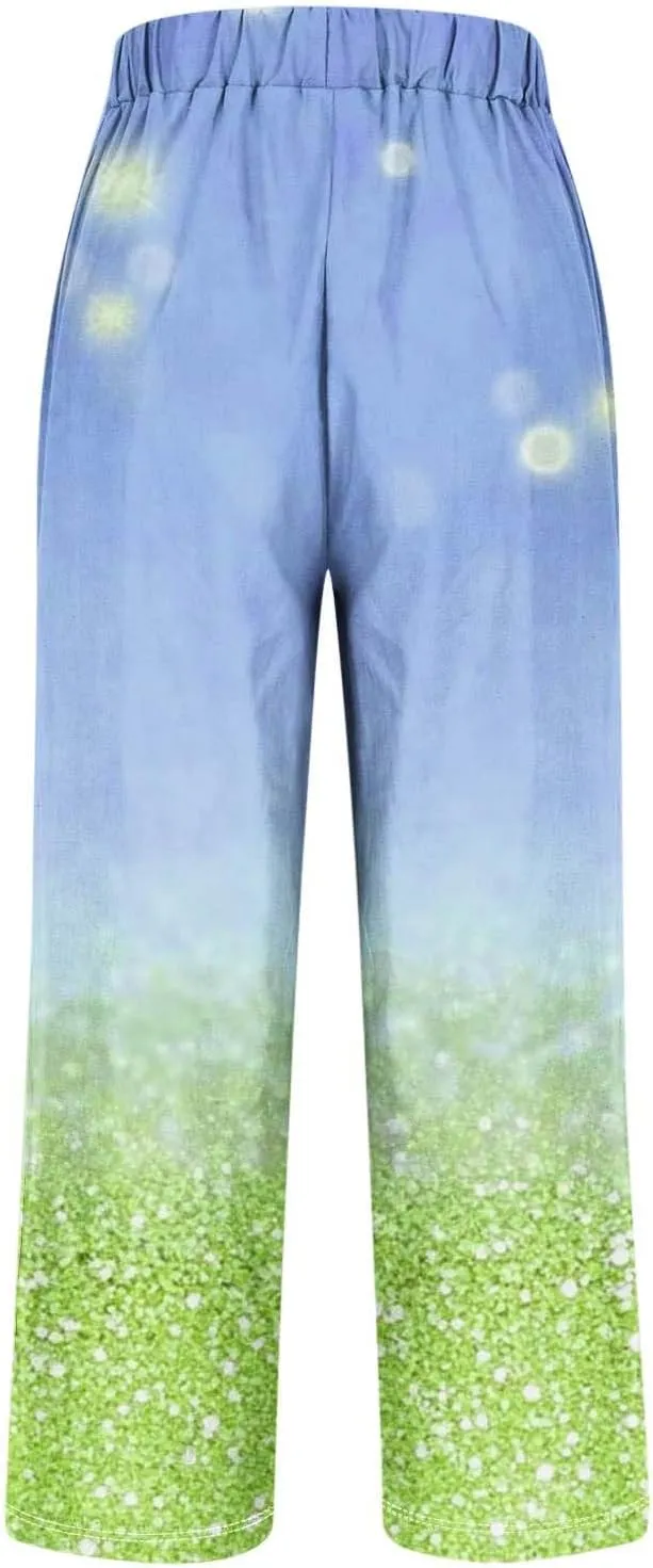 Linen Pants for Women High Waisted Wide Leg Trousers Trendy Gradient Color Printed Elastic Waist Summer Gauze Pants
