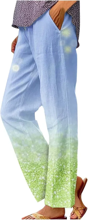 Linen Pants for Women High Waisted Wide Leg Trousers Trendy Gradient Color Printed Elastic Waist Summer Gauze Pants