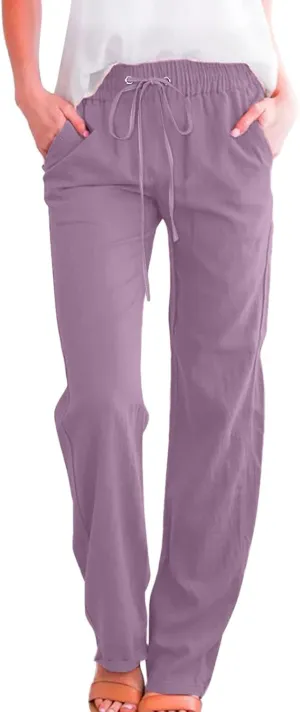 Linen Pants Women Casual High Waist Linen Pants Drawstring Loose Fit Summer Pants Trousers with Side Pockets