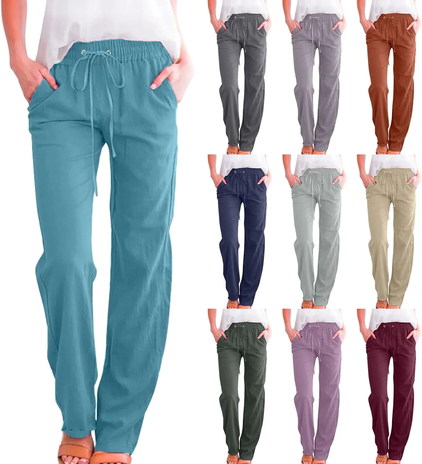 Linen Pants Women Casual High Waist Linen Pants Drawstring Loose Fit Summer Pants Trousers with Side Pockets