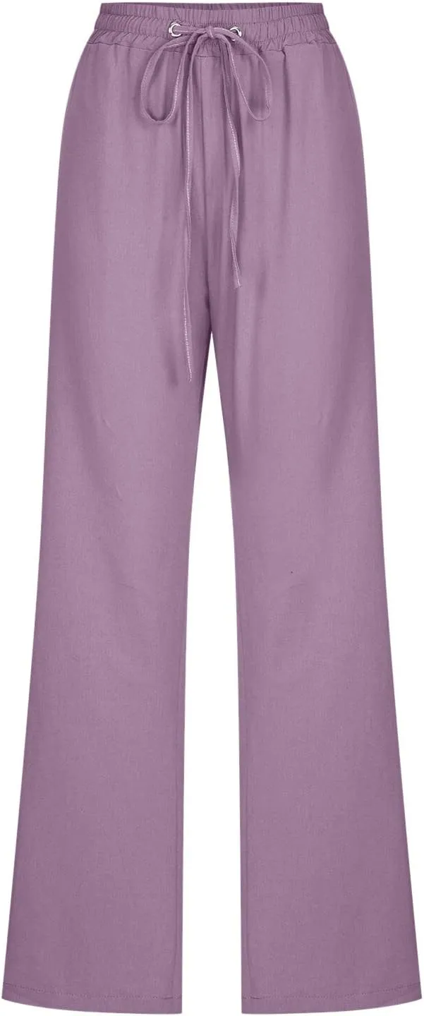 Linen Pants Women Casual High Waist Linen Pants Drawstring Loose Fit Summer Pants Trousers with Side Pockets