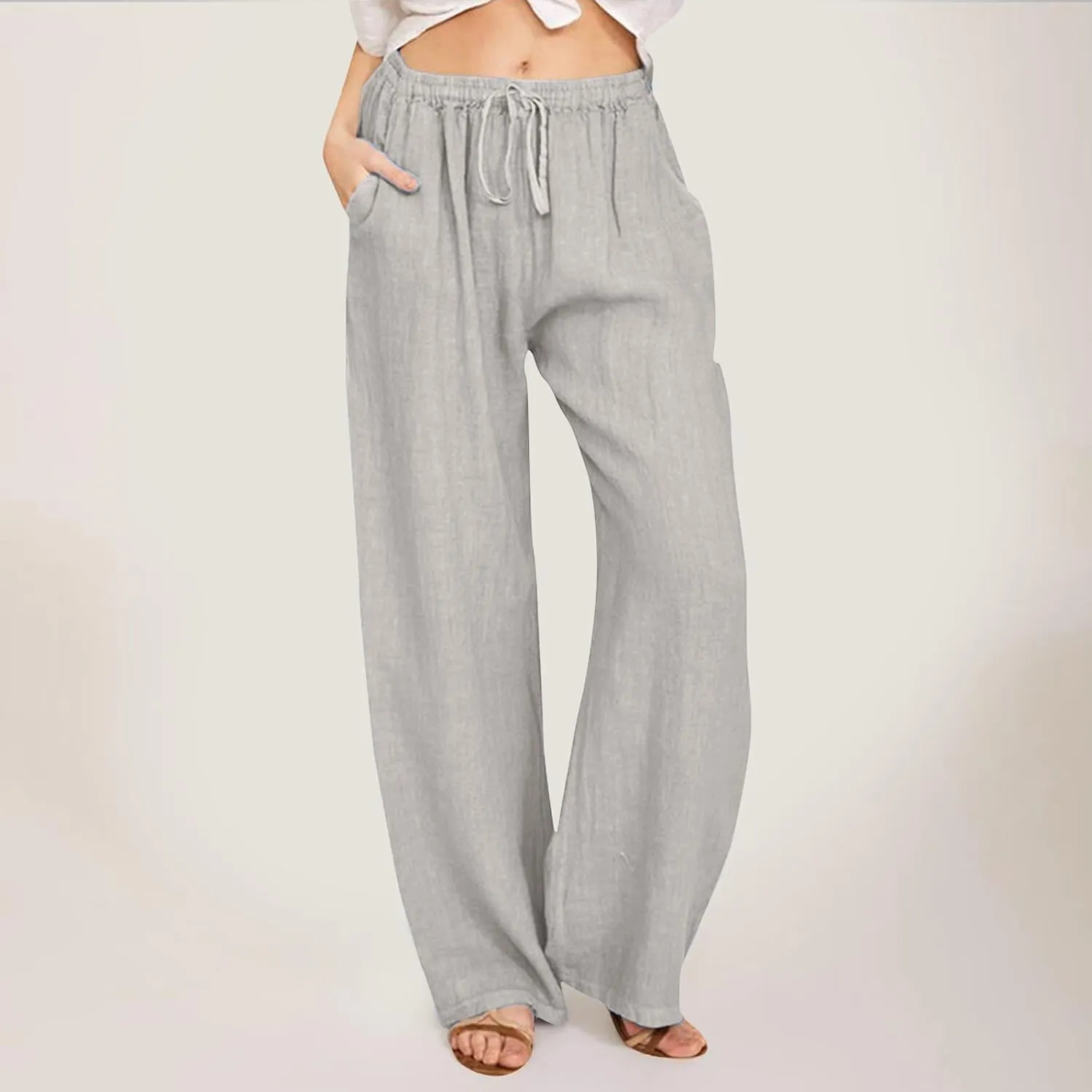Linen Pants Women High Waist Wide Leg Pants Summer Cotton Linen Pants Casual Beach Trousers with Pockets