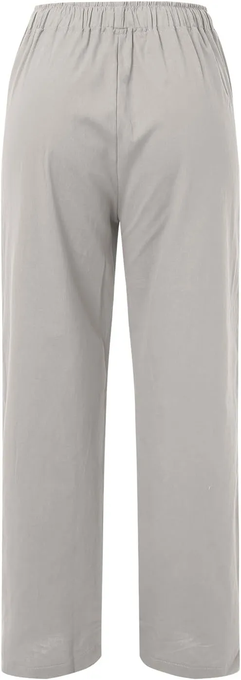 Linen Pants Women High Waist Wide Leg Pants Summer Cotton Linen Pants Casual Beach Trousers with Pockets