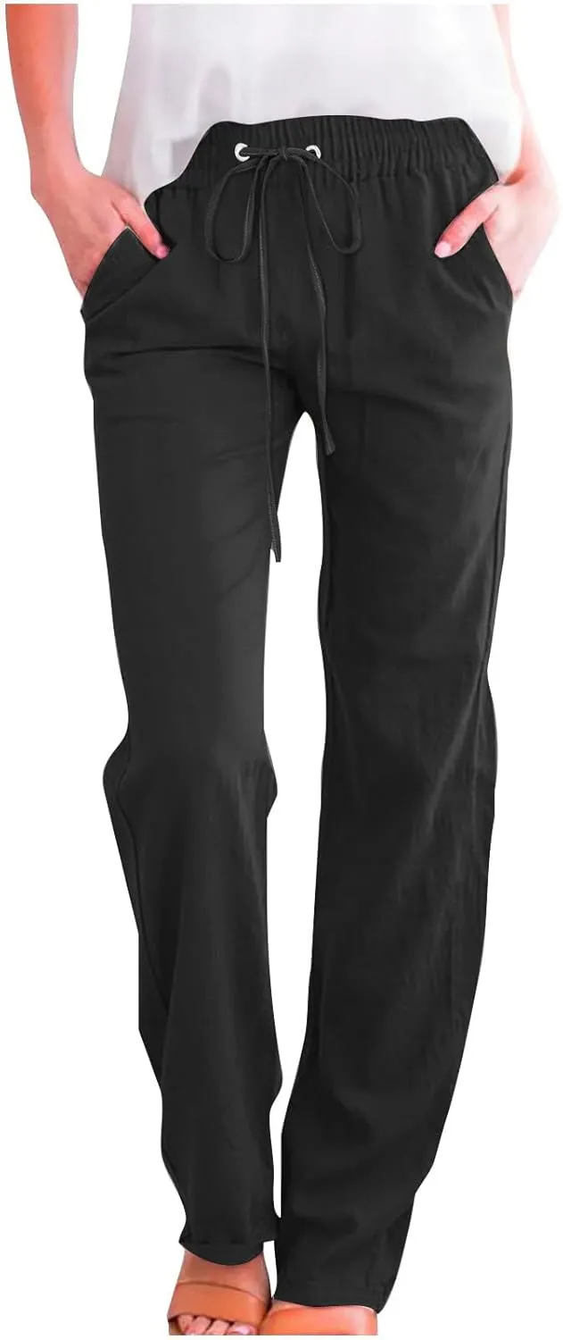 Linen Pants Women Straight Wide Leg Pants High Waisted Casual Summer Pants Lounge Beach Trousers with Pockets