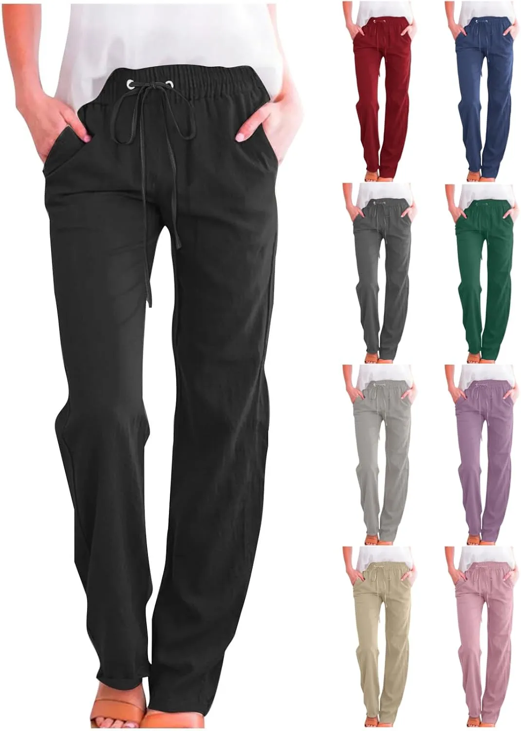 Linen Pants Women Straight Wide Leg Pants High Waisted Casual Summer Pants Lounge Beach Trousers with Pockets