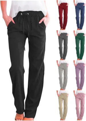 Linen Pants Women Straight Wide Leg Pants High Waisted Casual Summer Pants Lounge Beach Trousers with Pockets