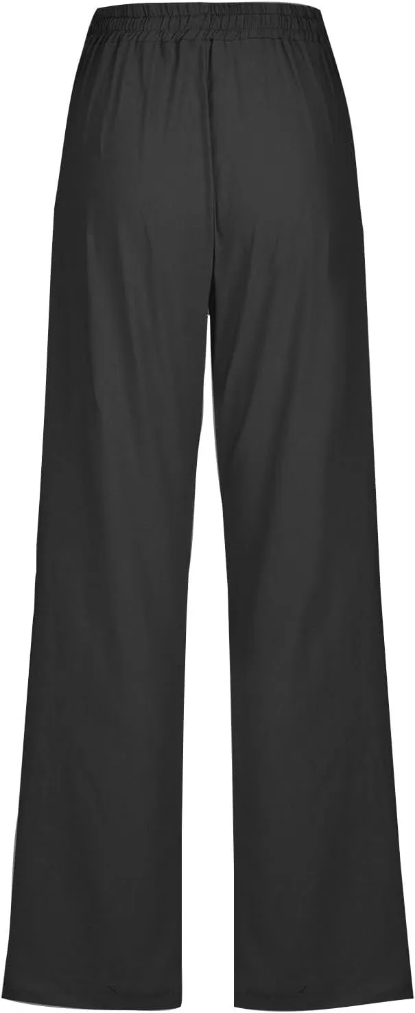 Linen Pants Women Straight Wide Leg Pants High Waisted Casual Summer Pants Lounge Beach Trousers with Pockets