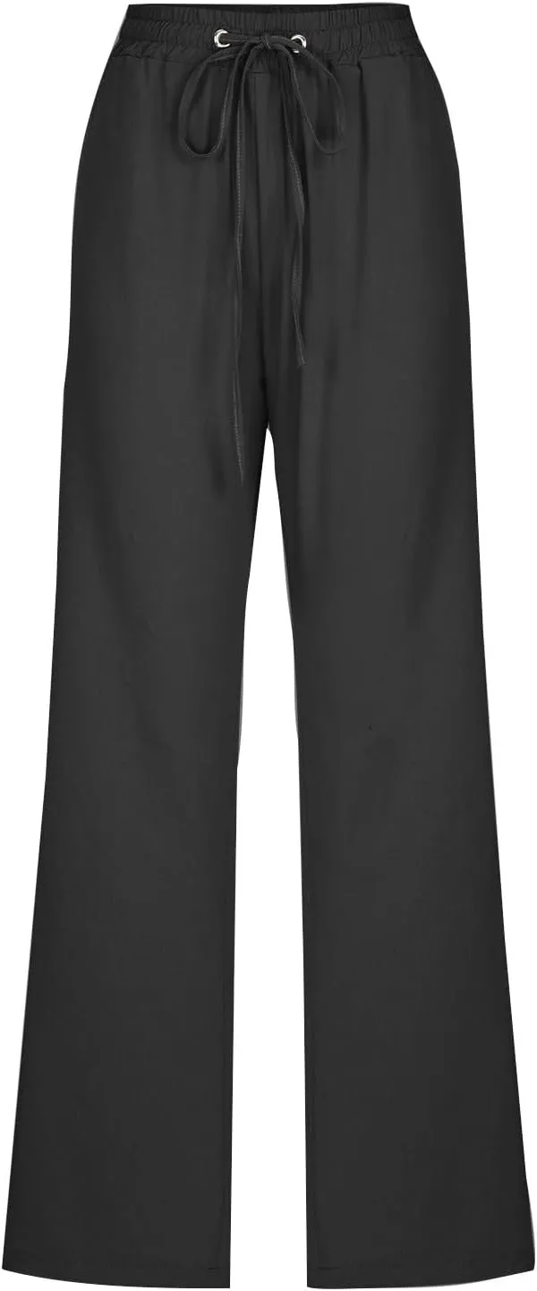 Linen Pants Women Straight Wide Leg Pants High Waisted Casual Summer Pants Lounge Beach Trousers with Pockets
