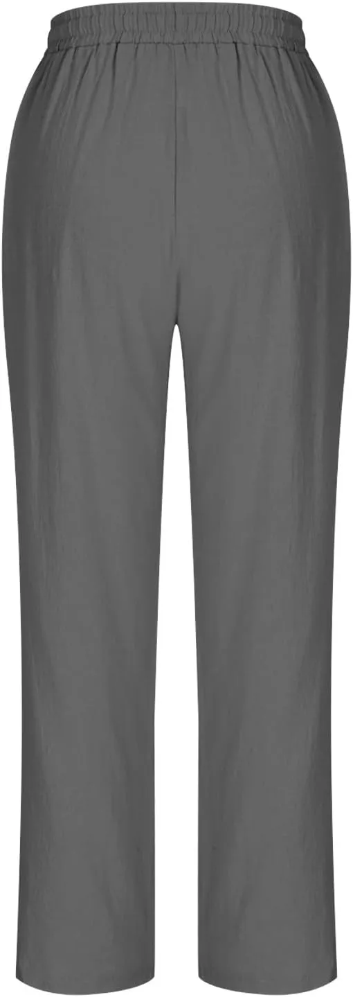 Linen Pants Women's Straight Leg Capri Pants for Women Solid Color Sweatpants for Women Elastic Waist Cropped Trousers