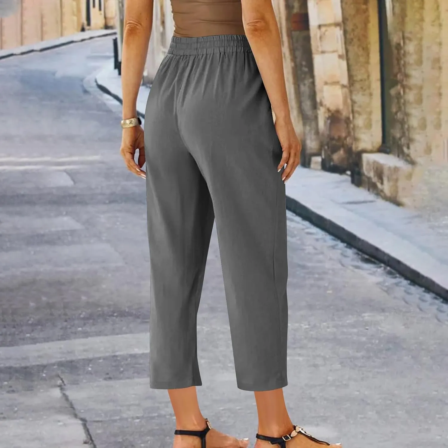 Linen Pants Women's Straight Leg Capri Pants for Women Solid Color Sweatpants for Women Elastic Waist Cropped Trousers